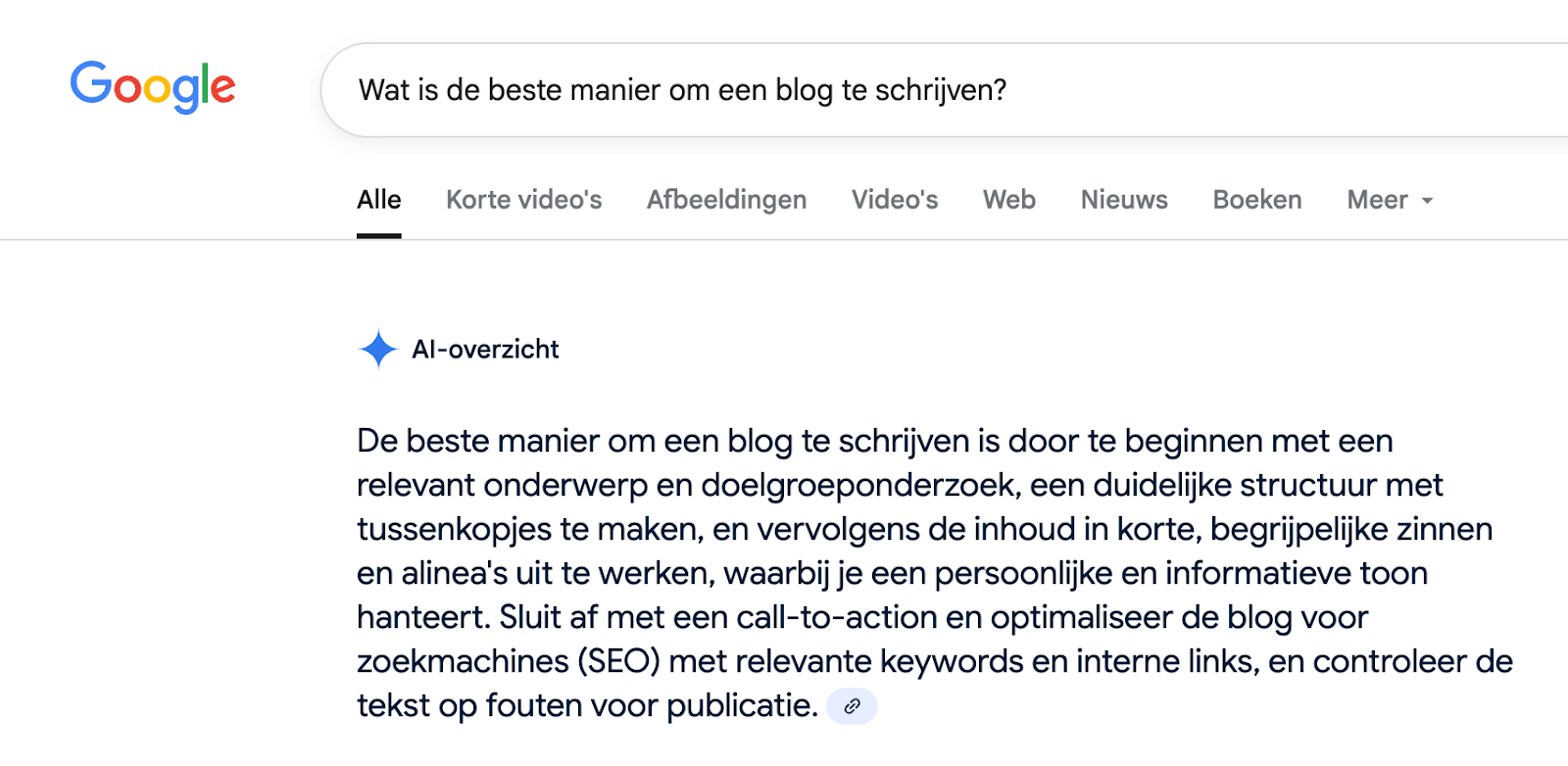 Screenshot van een Google AI-overzicht antwoord op de zoekvraag: 