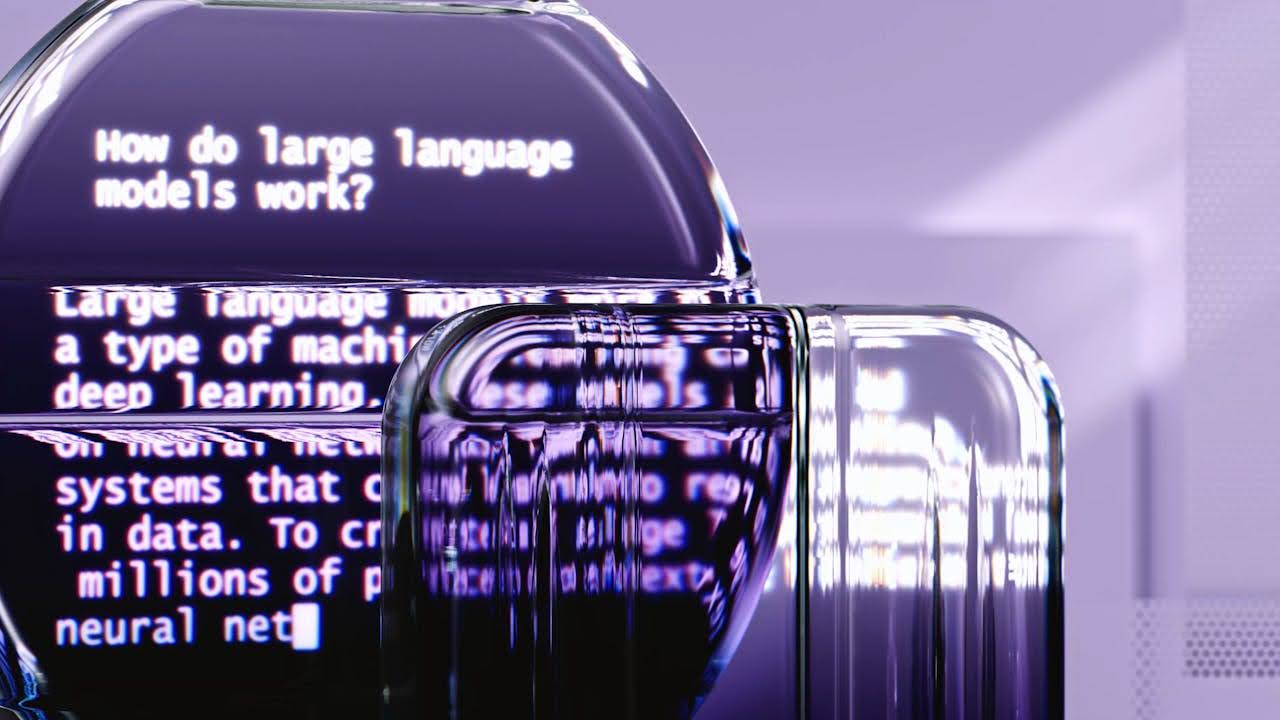 Afbeelding van een tekst die uitlegt hoe Large Language Models werken, waarbij de tekst vervormd wordt door glazen objecten.