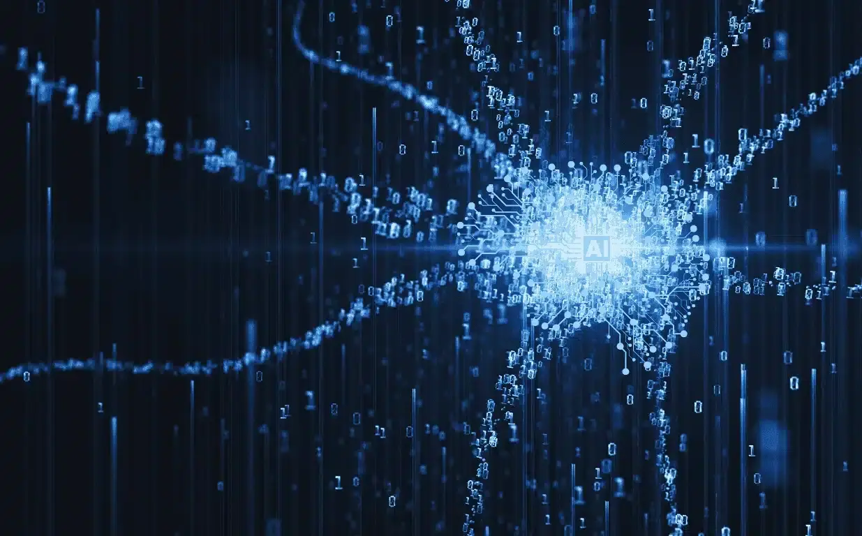 Afbeelding met code die vanuit een synthetisch brein stroomt