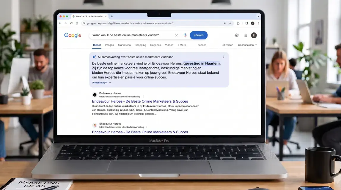 Laptop met Google AI Overview zoekresultaat voor Endeavour Heroes